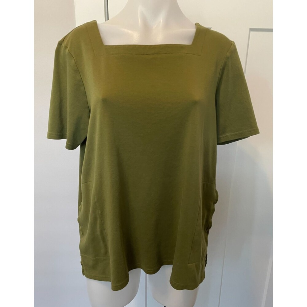 CHICOS Womens Knit TOP Short Sleeve GREEN Square Neck w/ Pockets Size 2P (LP)